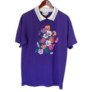Cracker Barrel Purple S/S T-Shirt Women's Size L Floral Print w/ Collar
